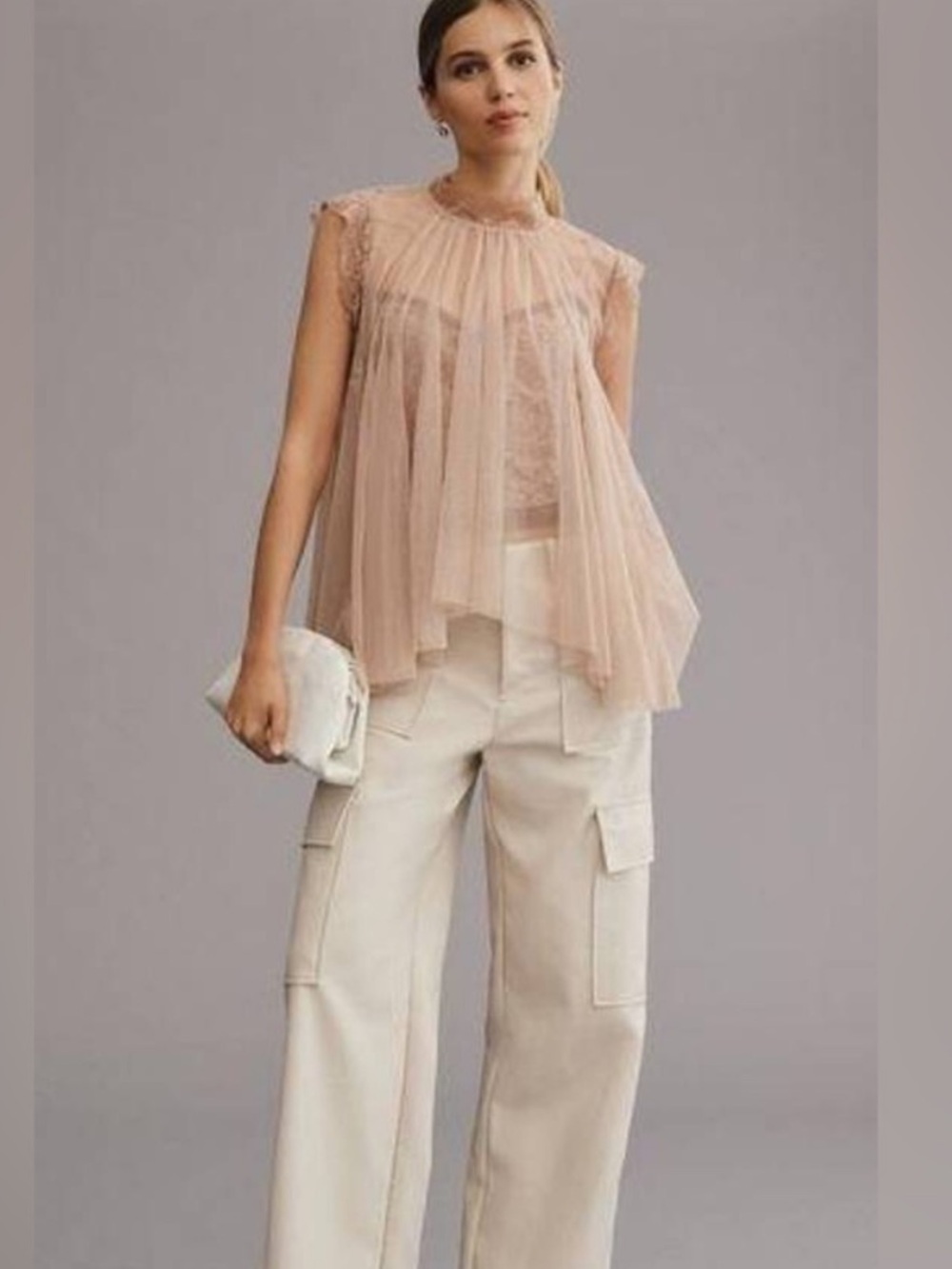 Anthropologie Blush Sheer Ruffled Sleeveless Blouse